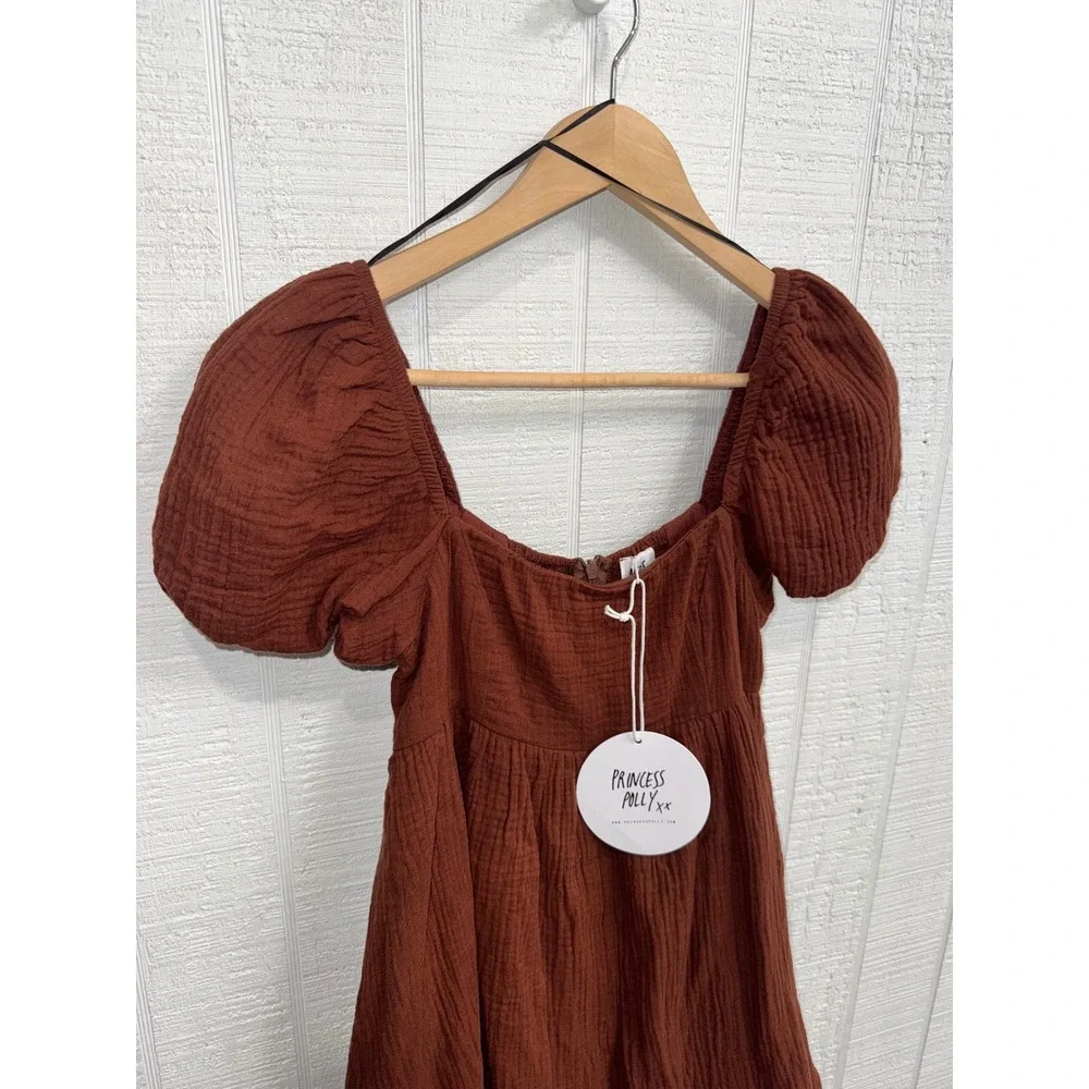 Princess Polly Lorna Romper Women Brown Puff Sleeve Cotton Gauze US 2 NEW